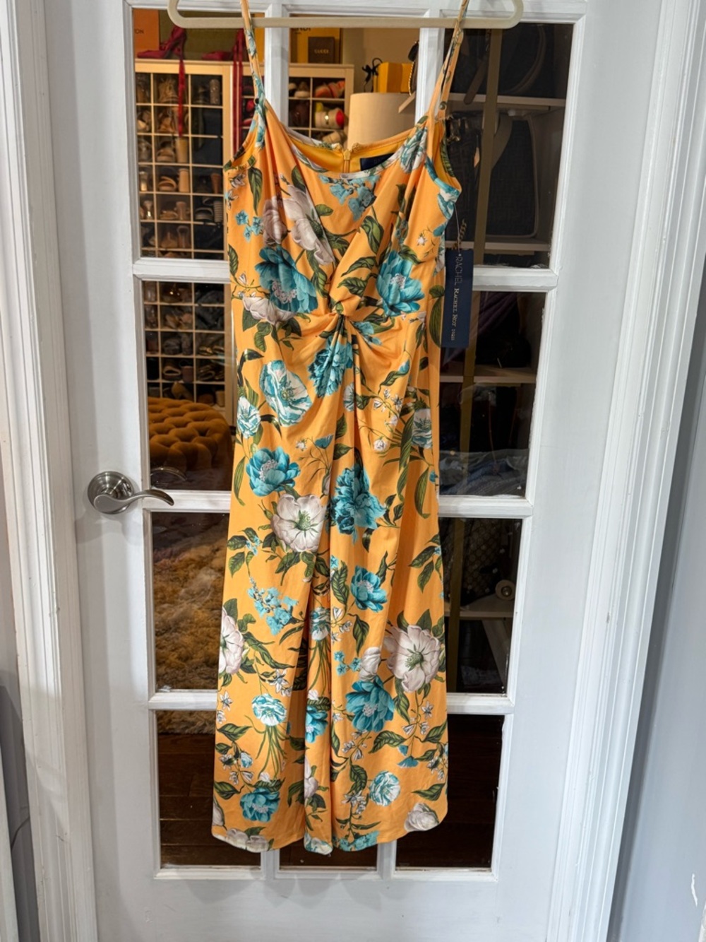 ☀️🔹 RACHEL Rachel Roy Mustard Yellow Floral Twist-Front Midi Dress 🔹☀️ - Picture 2 of 5